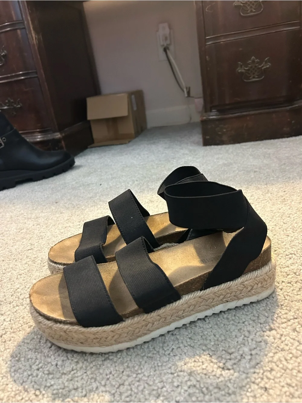 Black Elastic-Strap Platform Espadrille Sandals